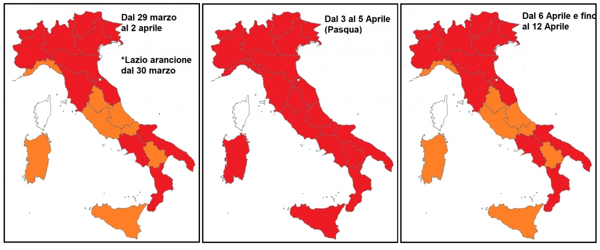 Covid, da oggi in vigore le nuove misure L'Italia sarà suddivisa in due  zone, rossa e arancione. Dal 3 al 5 aprile tutta la Nazione sarà rossa