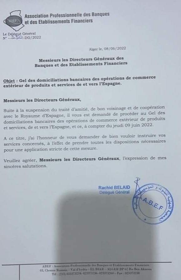 Istruzioni alle banche algerine per interrompere tutte le operazioni bancarie relative alle importazioni ed esportazioni da e verso Spagna 